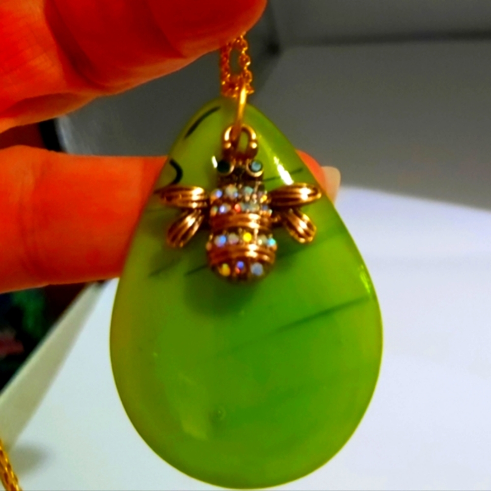 Stained Glass Green Tear Shape Necklace with a Bumble Bee Charm and Rhinestones